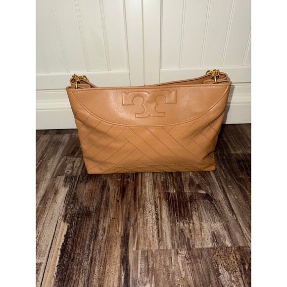 Tory Burch Designer Alexa Beige Tan Quilted Slouchy Leather Tote Purse Handbag - Picture 2 of 9